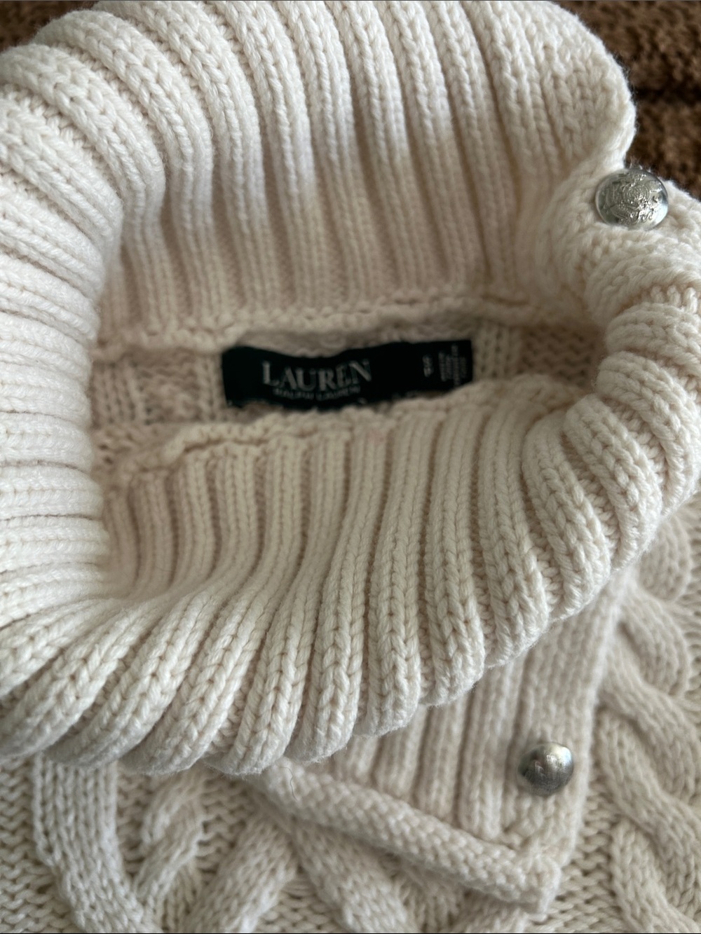 Ralph Lauren Cream Cable Turtleneck Sweater with Button Detail